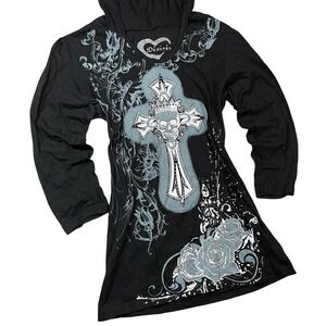 Y2k Vtg Affliction Style Graphic Hoodie‎ Womens M Black Crosses Skulls McBling